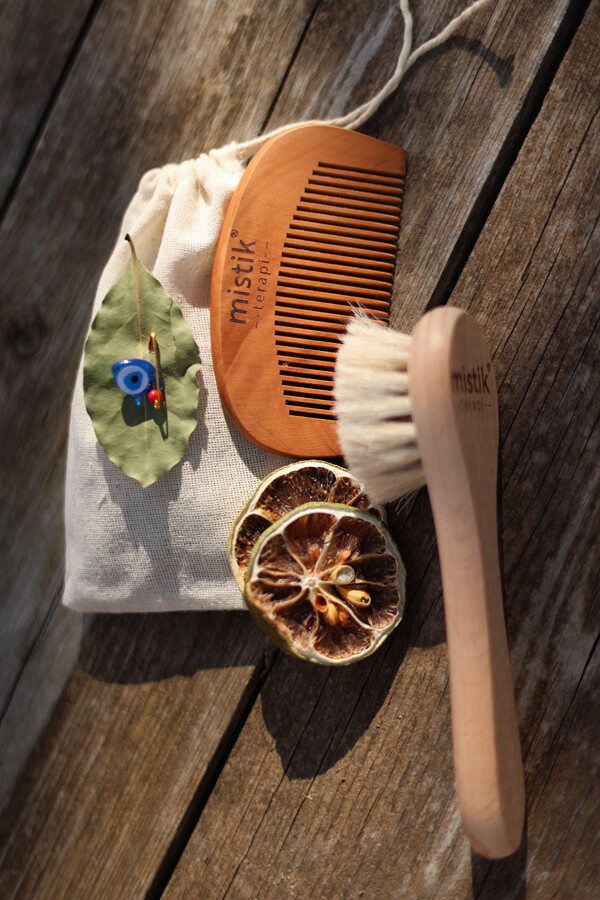 Mystic Therapy 2-Piece Set | 100% Natural Goat Hair Soft Face/Hair Care Brush + Cherry Wood Comb