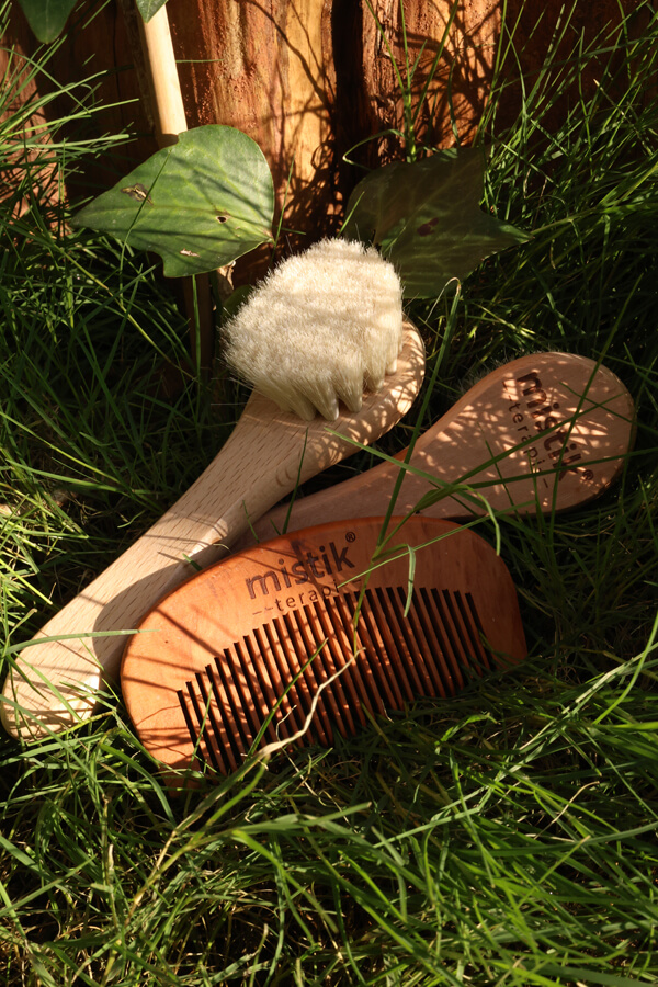 Mystic Therapy 2-Piece Set | 100% Natural Horse Hair Face/Hair Care Brush + Cherry Wood Comb